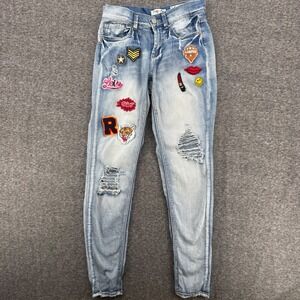 Indigo Rein‎ Womens Size 1 Ankle Skinny Jeans Light Wash Distressed Patches